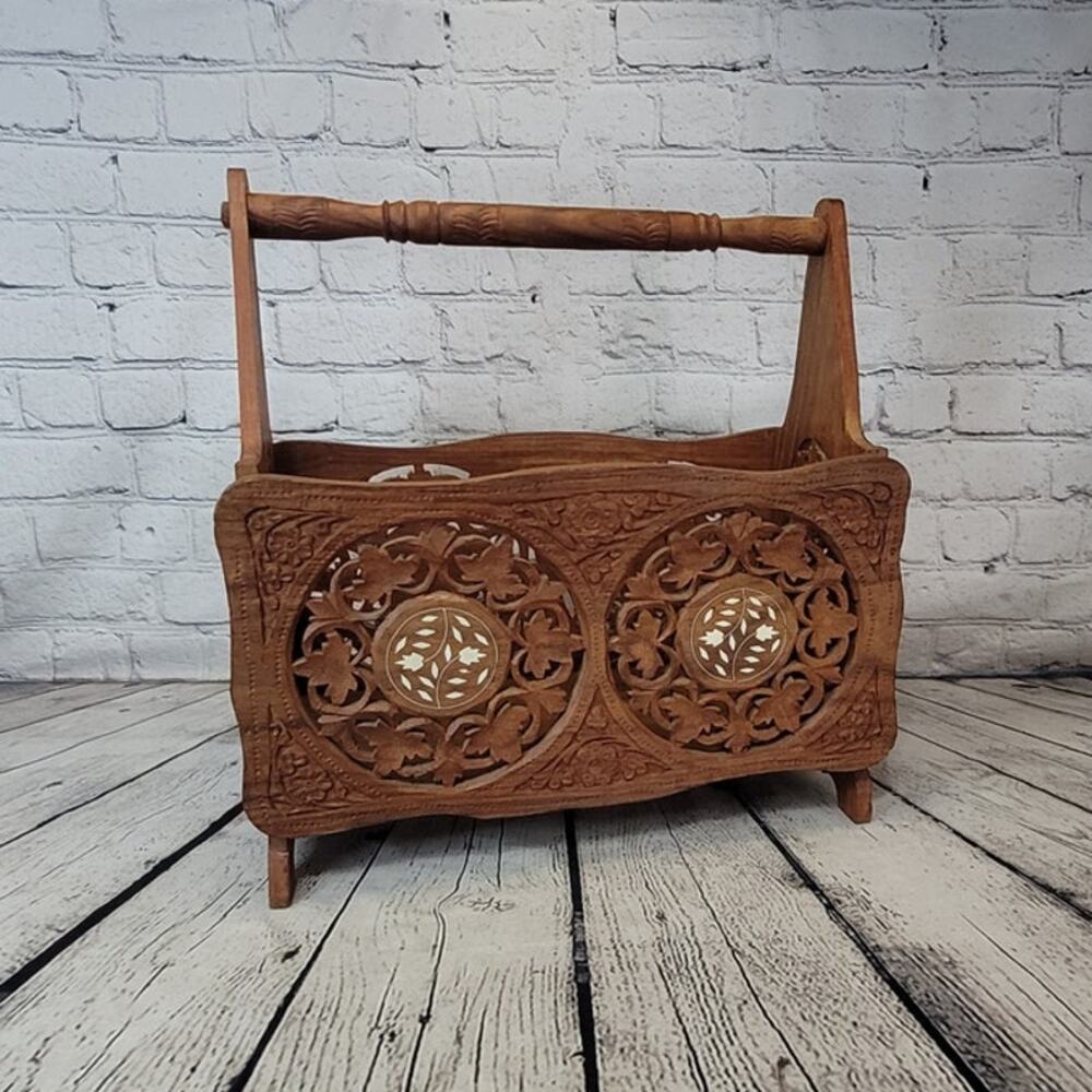 Vintage Hand Crafted Magazine Rack Teak Sheesham Wood Made in India